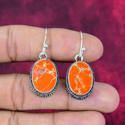 Orange Sea Sediment Earrings, 925 Solid Sterling Silver Gemstone Jewelry, Handmade Earrings, For Mother Day