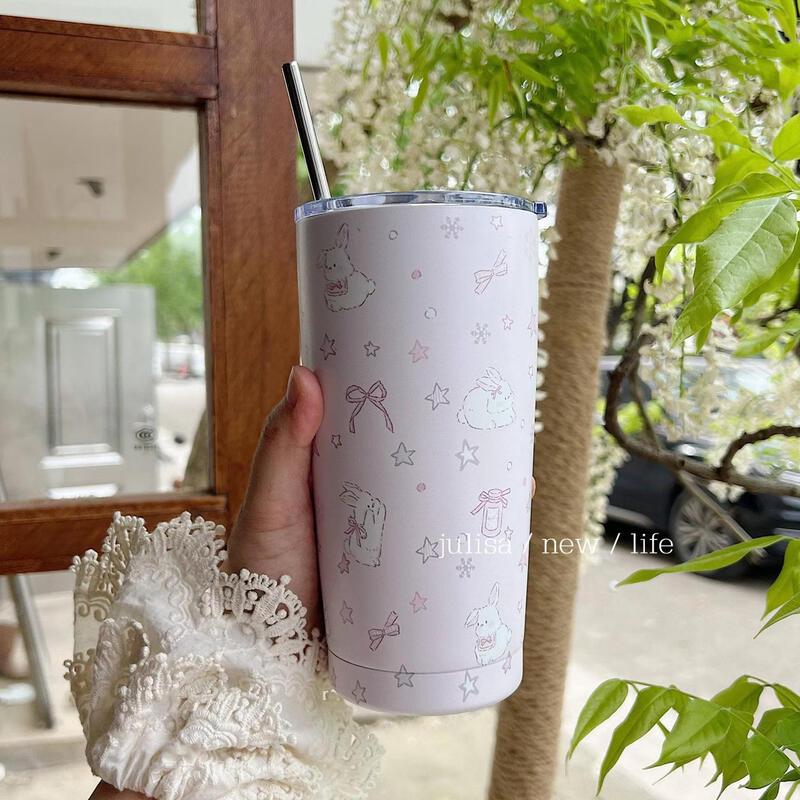Qiwei Baby Pink Bunny & Floral Insulated Straw Bottle