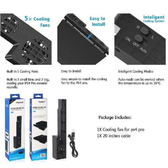 PS4 Pro Cooler, Play Station 4 Pro Cooling Fan USB External 5-Fans Super Turbo Temperature Cooling Fan for PS4 Pro Console