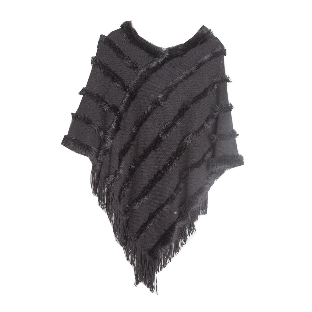 Spring Autumn Winter V-neck Solid Color Knitted Plush Shawl - European & American Style