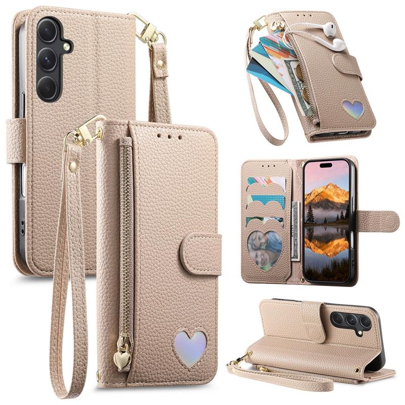 Zipper Style Flip Credit Card Case Pouch Bag for Samsung Galaxy A53/A54/A55/A56/A14/A15/A17/A16 Rope Phone Cover
