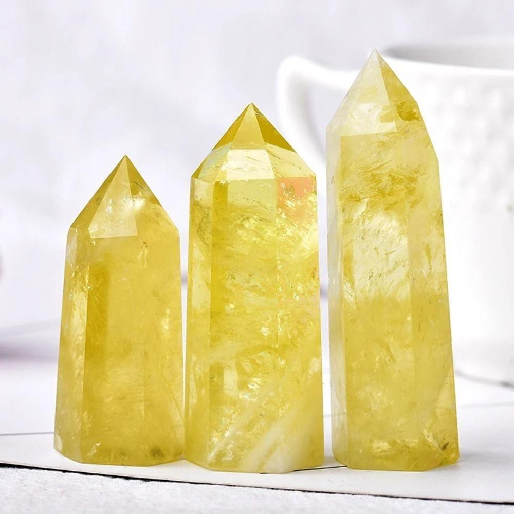 Beautiful Natural Crystal Unique Hexagonal Wand Column Home Decor Yellow Gem Office