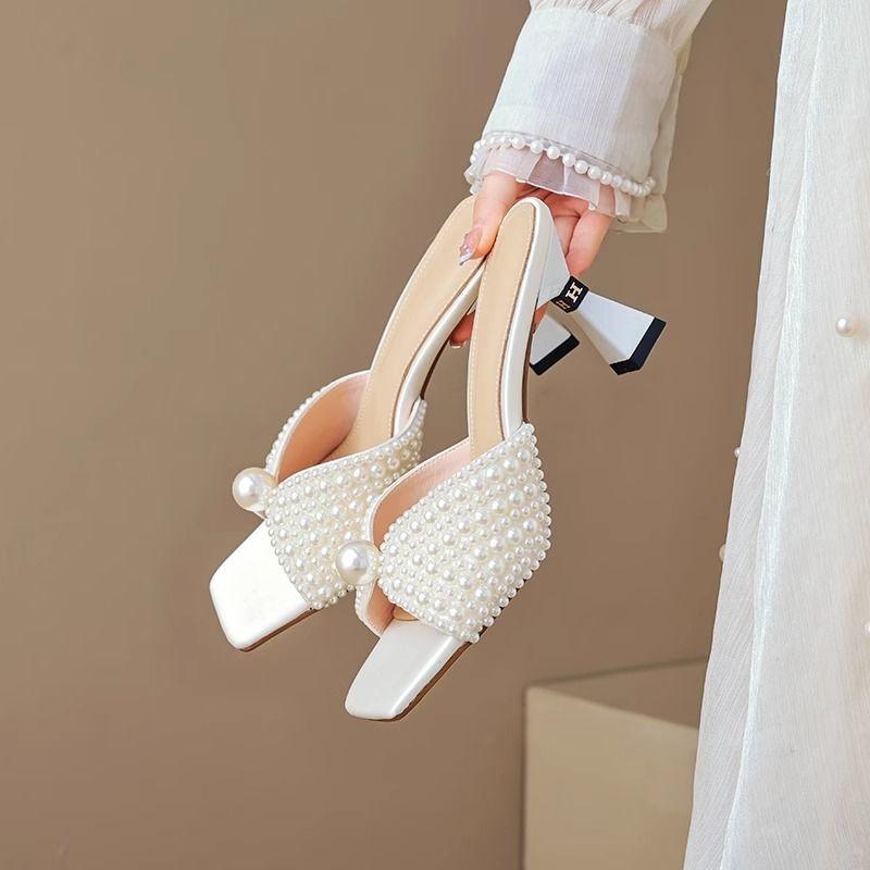 

Half Slippers for Women s Outward Wear 2025 Summer New Fashion and Versatile Pearl Temperament Mid-stiletto Open-toe Cool Drag 34