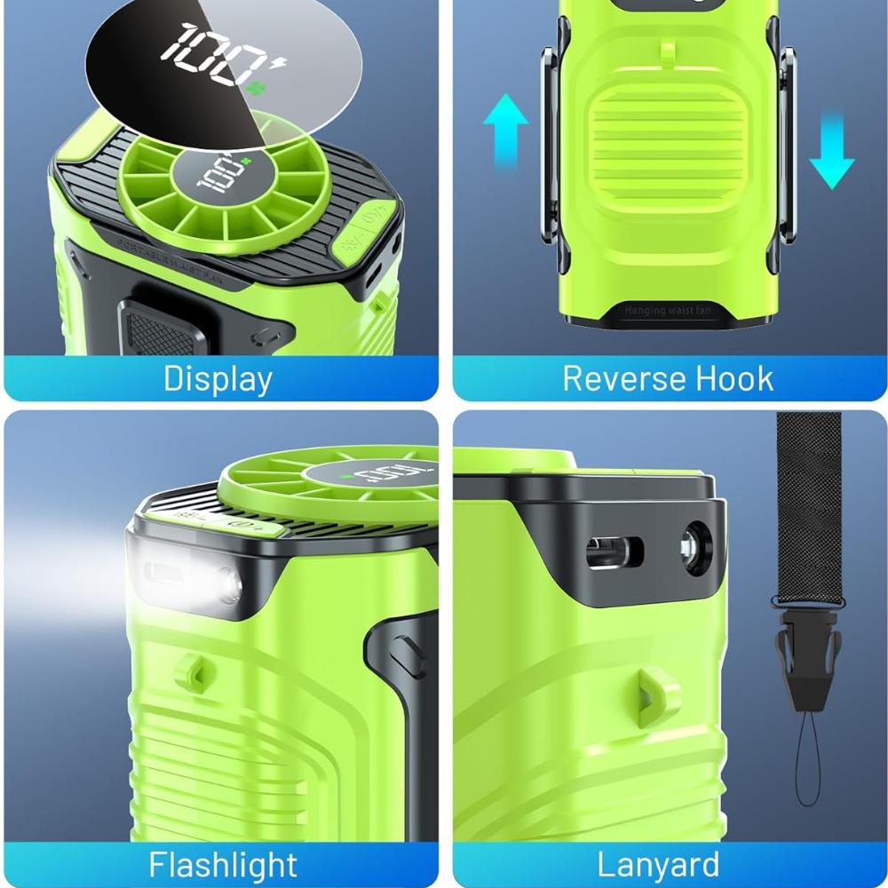 Portable Waist Clip Fan Mini Hanging Neck Fans USB Rechargeable Fans Outdoor Working Camping Waist Fan With Power Bank LED Light