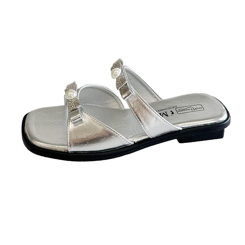 2025 new one-word sandals women's summer fashion outer wear beautiful with skirt bow low heel versatile cool slippers