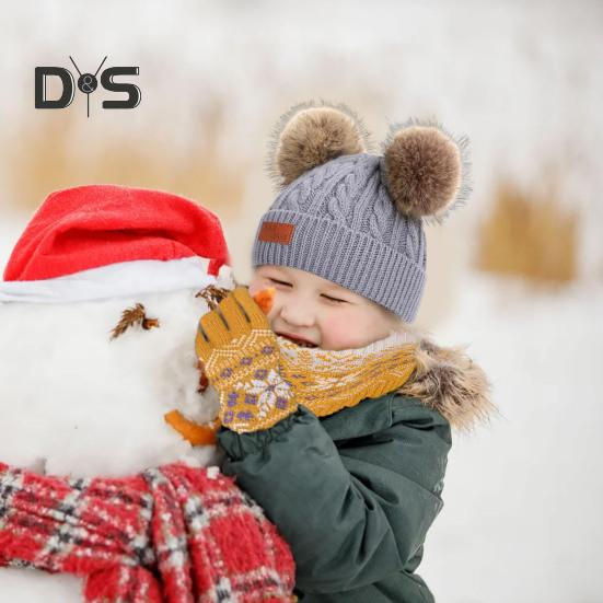 Kids Beanie Fall Winter Knitted Hat with 2 Pompom for Boys Girls 1-4 Years Old Warm Beanie Toddler Hat for Outdoor Activities