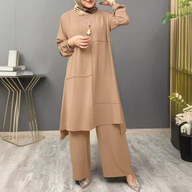 Muslim Women's Urban Sportswear Elegant Bubble Sleeve Crew Neck Shirt Loose Fashion Wide Leg Pants Set