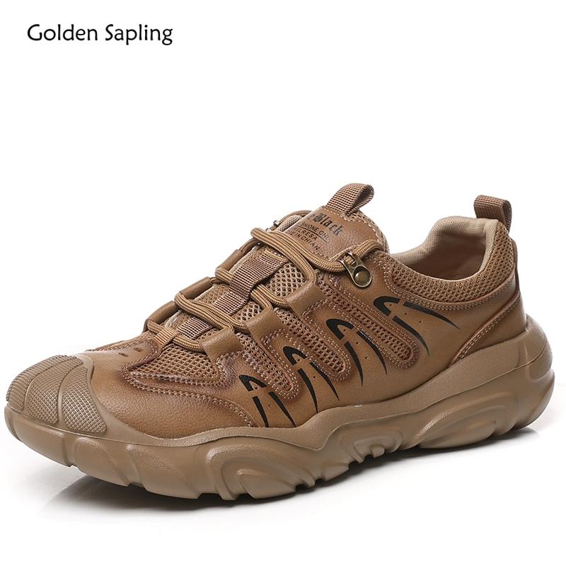 Fashion Golden Sapling Size 38-44 Men's Genuine Leather Shoes Outdoor Leisure Breathable Daily Loafers Non-slip Climbing Hiking Sneakers