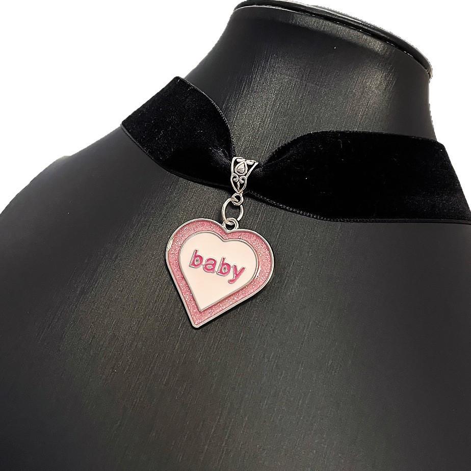 Gothic Pink Heart Velvet Choker Necklace
