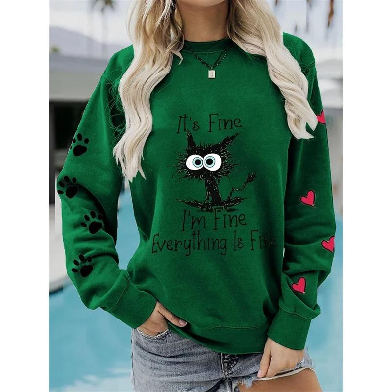 

Женский спортивный свитер повседневный европейский размер повседневный уличный узор с принтом кота круглый вырез плюс толстовка с длинными рукавами XL