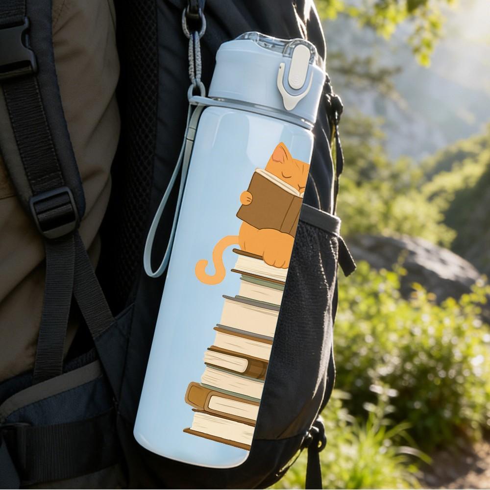 1PC Cat Stack On Top Of Books Print 750ml Color Plastic Sports Water Bottle Leakproof Flip Straw Lid Suitable for Sports Office Home Use