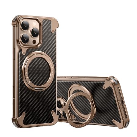 Luxury Business Men for iPhone 16 Pro Max Electroplated Metal Frame Carbon Fiber Textured Phone case with Magnetic Ring Stand