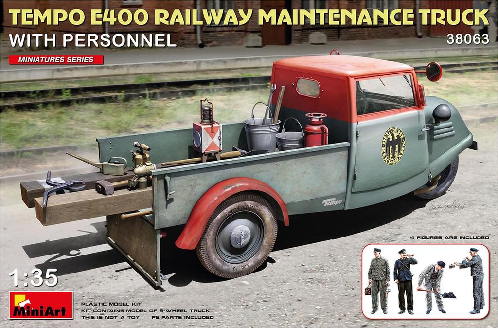 MiniArt Scale Tempo E400 Railway Maintenance Truck with 4 Plastic MA38063 1/35 Figures, Model,