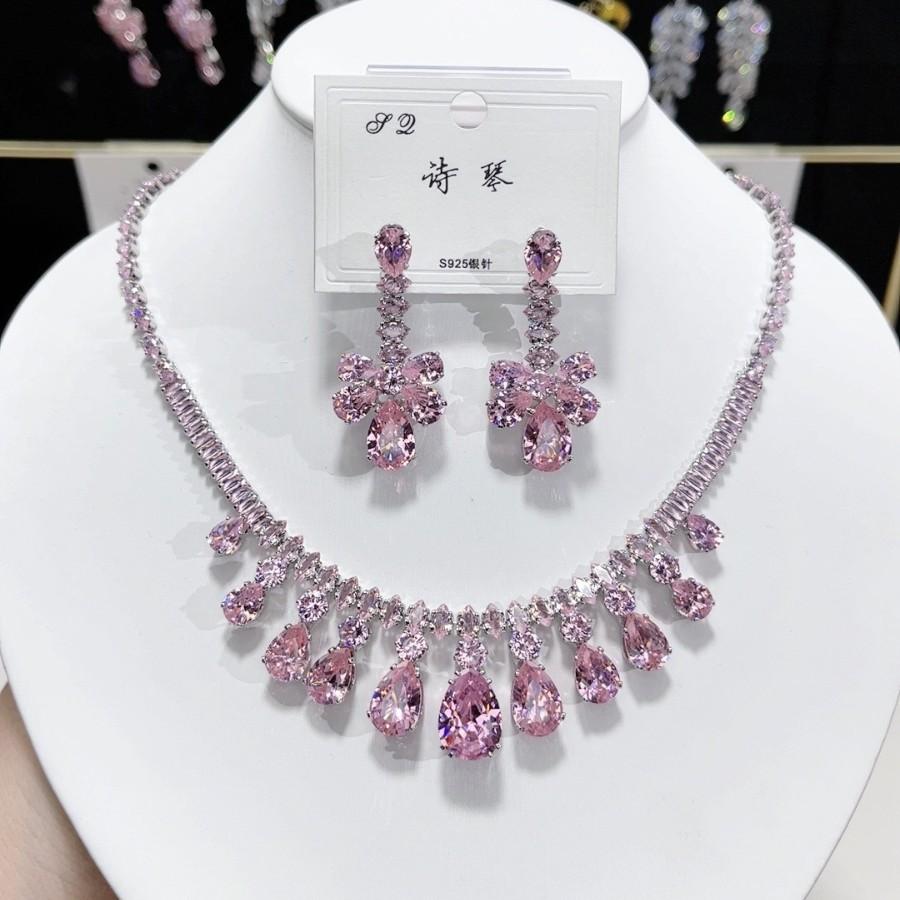 Luxury Waterdrop Pendant Jewelry Set Earring Pink Necklace For Women Bridal Wedding Exquisite Fashion Zircon Party Banquet Gift