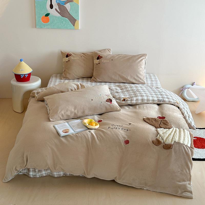 Cartoon Sticker Embroidered Thickened Milk Fleece Four-Piece Set Coral Fleece Thermal Bed Sheet Quilt Cover Student Bedding
