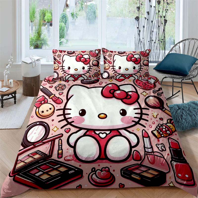 This Hello Kitty three-piece bedding set with a cartoon heart print, including one duvet cover and two pillowcases, makes a perf