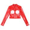 Women's Wetlook Patent Leather Mock Neck Long Sleeve Hollow Out Crop Tops Clubwear