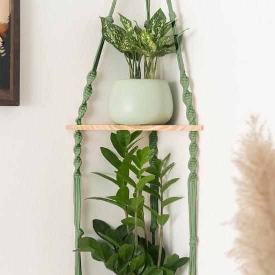 Wall Hanging Corner Shelf Bohemia Handmade Cotton Rope 1/2 Tier Triangle Storage Shelf Farmhouse Rustic Wood Potted Plants Planter Craft Display Rack