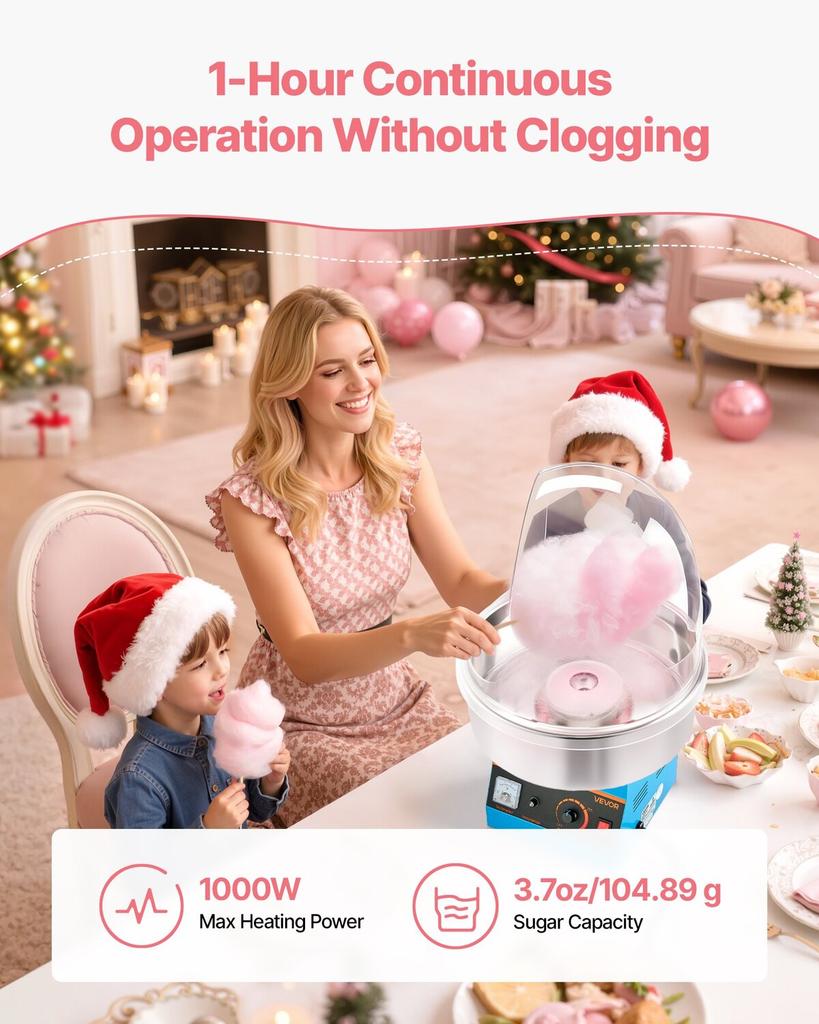 Electric Cotton Candy Machine, 1000W Commercial Floss Maker With Cover, Commercial Cotton Candy Machine w/Stainless Steel Bowl & Sugar Scoop, Ideal