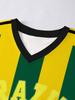 Women Loose V-Neck T-Shirt Yellow-Green Striped and Brazilian Style Pattern Print Short Sleeve Tops Tee Casual Sexy Streetwear