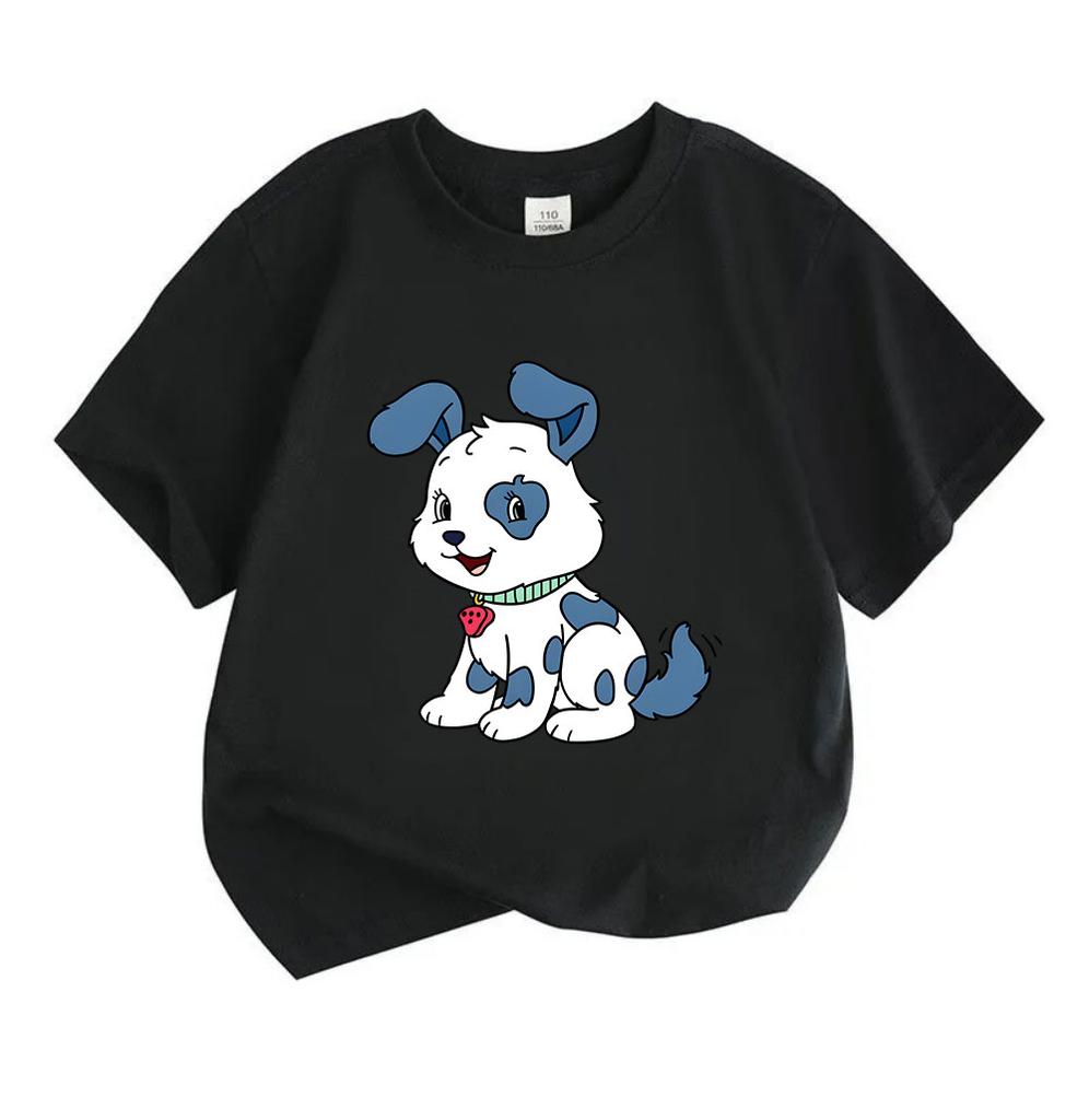 Kids Boys Girls Crew Neck Short Sleeve 100% Cotton T-Shirt, Cute Happy Blue Spotted Cartoon Puppy Print Casual Soft Comfortable Tee for Daily Wear Hol