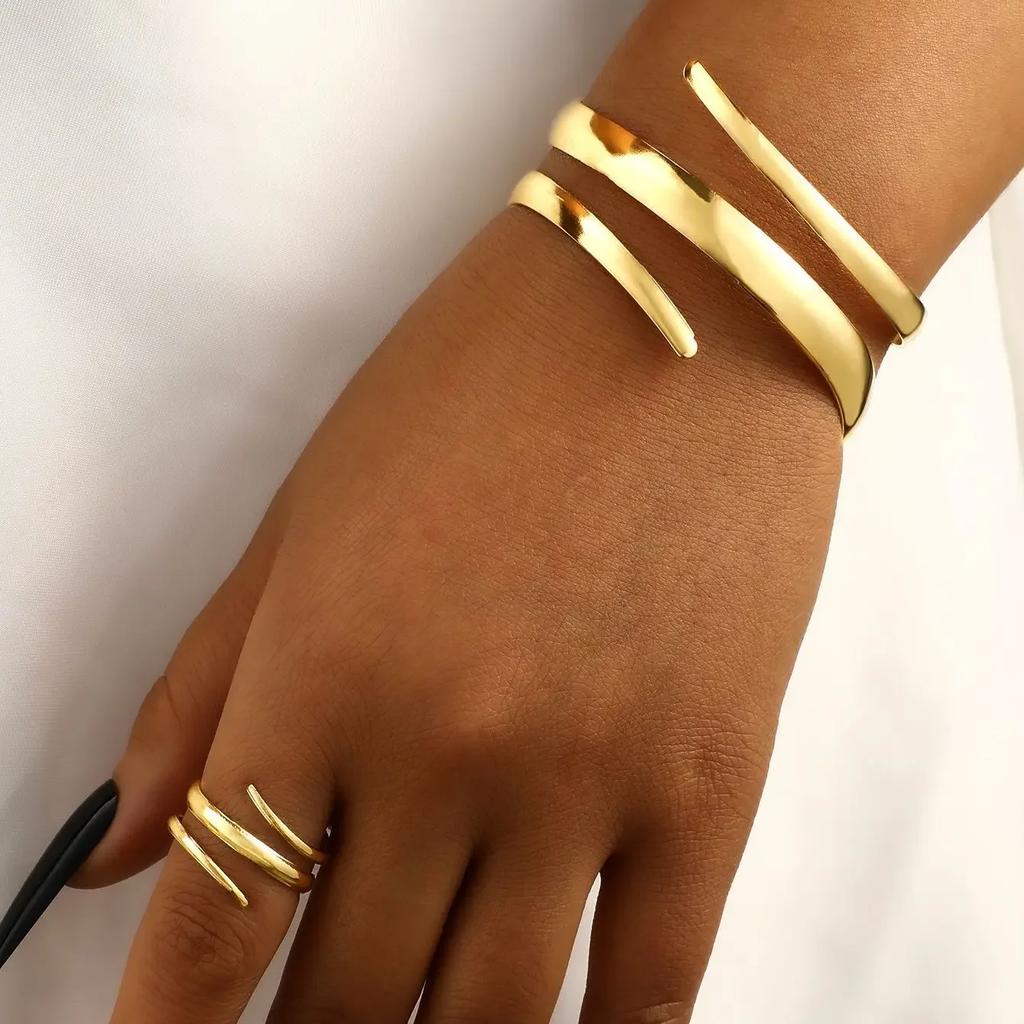 Stainless Steel Water Drop Bangle Ring Set for Women Geometric Teardrop Open WristCuff Irregular Twisted Bracelet Jewelry