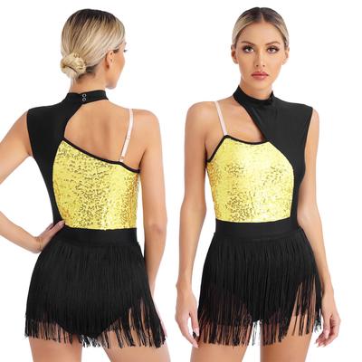 Lateinisches Tanzkleid, Trikot, Tango, Rumba, Samba, Cha-Cha, Eiskunstlauf-Performance-Kostüm, ärmellos, Pailletten, Quasten-Body