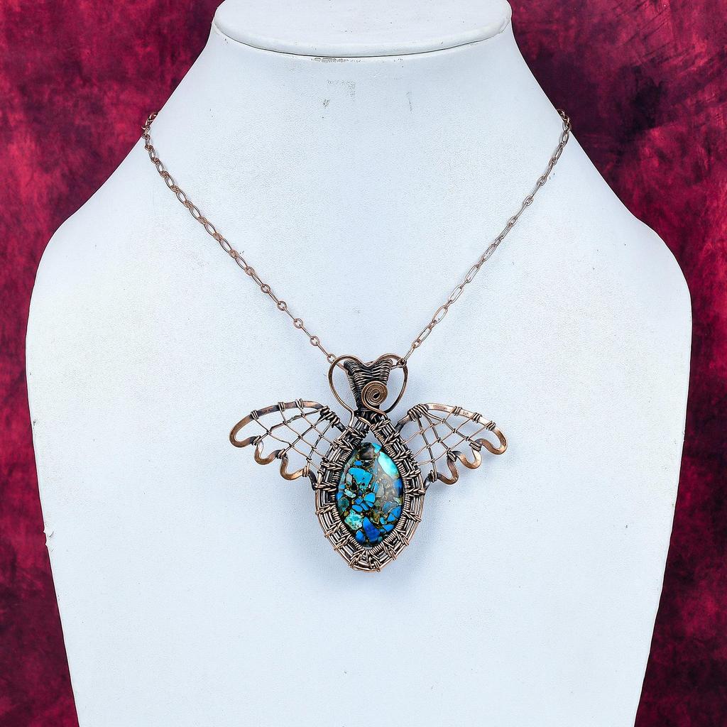 Copper Chrysocolla Pendant Copper Wire Wrapped Butterfly Pendant Gemstone Jewelry