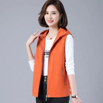 Women Spring Autumn Solid Long Vest Middle Aged Loose Sleeveless Hooded Casual Tops