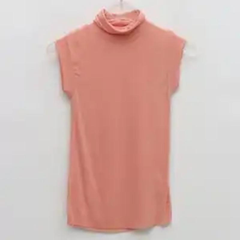 Women's Elegant Light Blue Ribbed Sleeveless Turtleneck Blouse