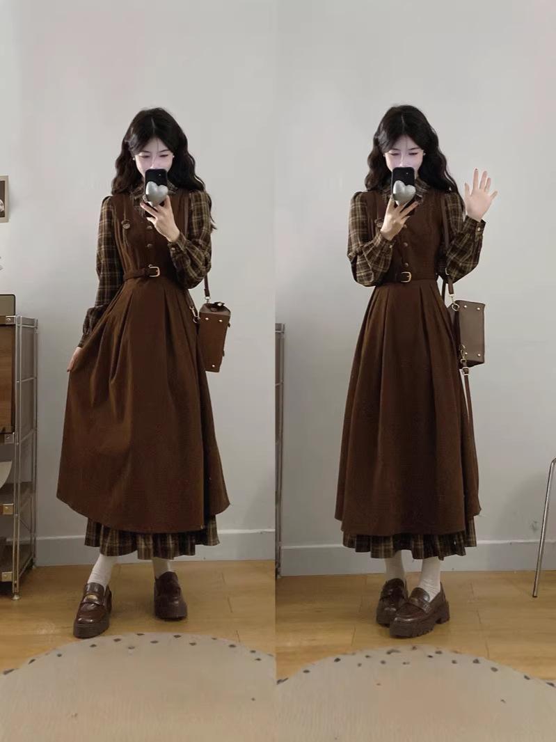 

Plus Size Women s Autumn/Winter Maillard Color Slimming Waist-Cinched Academic Style Two-Piece Dress 3XL коричневый