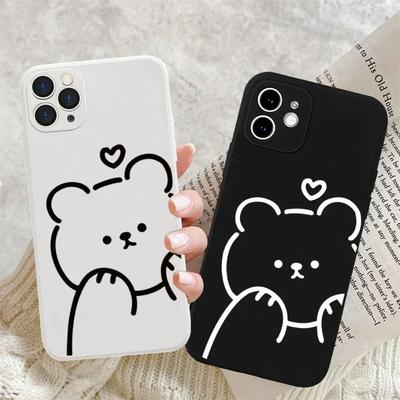 Cute Simple Bear Paired Couple Phone Case For iPhone 16 15 13 12 11 14 Pro Max Mini XR X XS 7 8 Plus SE Cartoon Cover Fundas