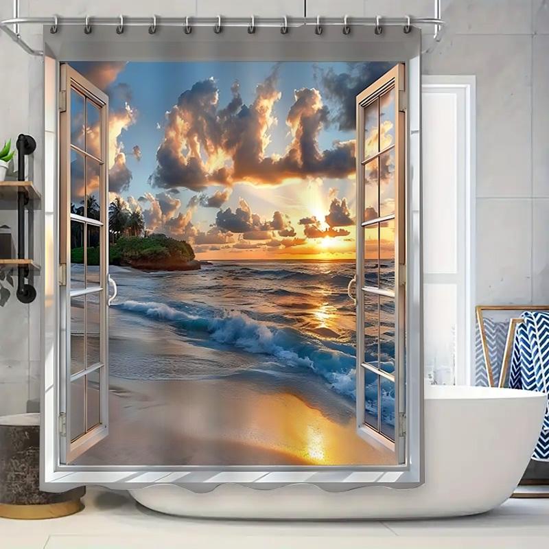 

Enjoy Seaside Scenery In Your Bathroom With Our Beach View Shower Curtain Open Window Design Waterproof Fabric Set Easy-Clean W60H190(CM)-1 Pcs