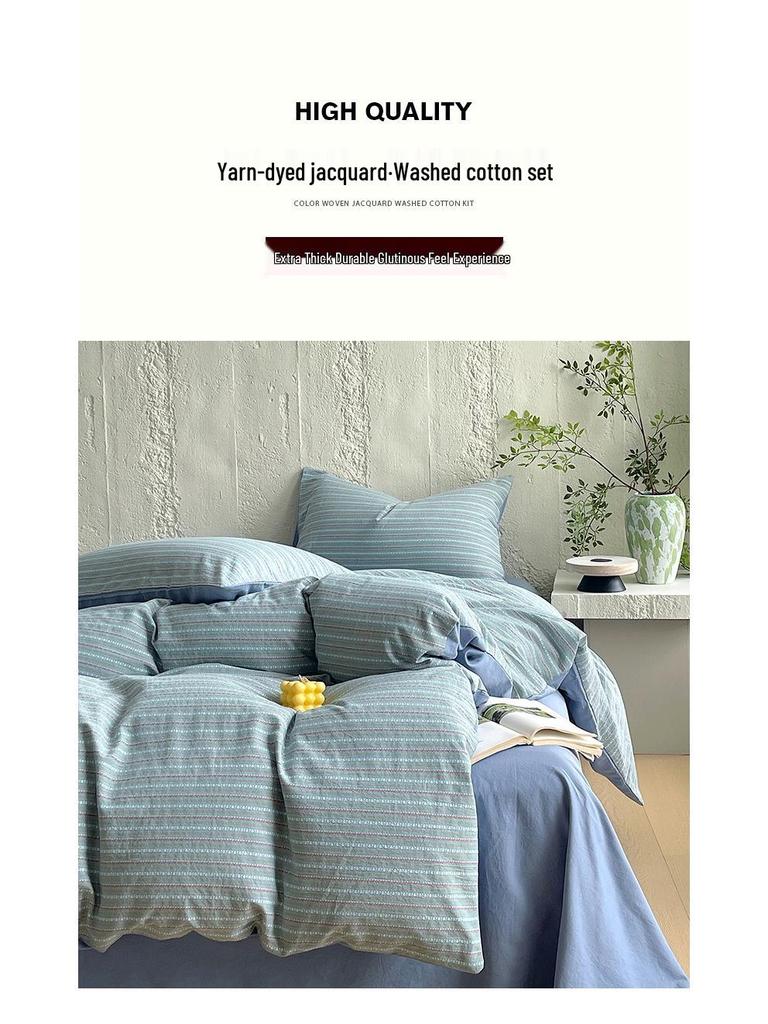 G5Z Cotton Yarn-Dyed Stripe Duvet Cover Set - 4 Pieces, All-Season Bedding for Dorms