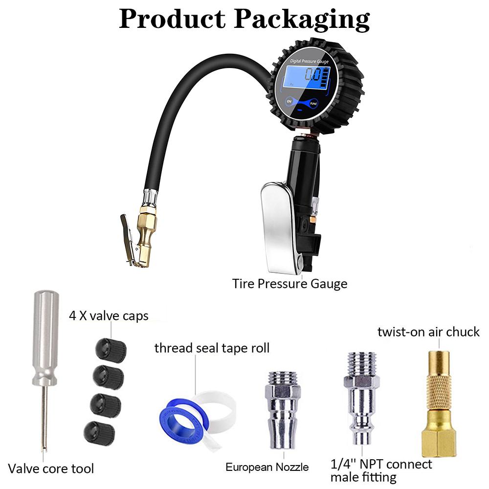 Universal Inflation Monitoring Manometer Air Line Clip-on Tyre Pump Aluminum Alloy Tire Pressure Inflator Gauge LCD Digital