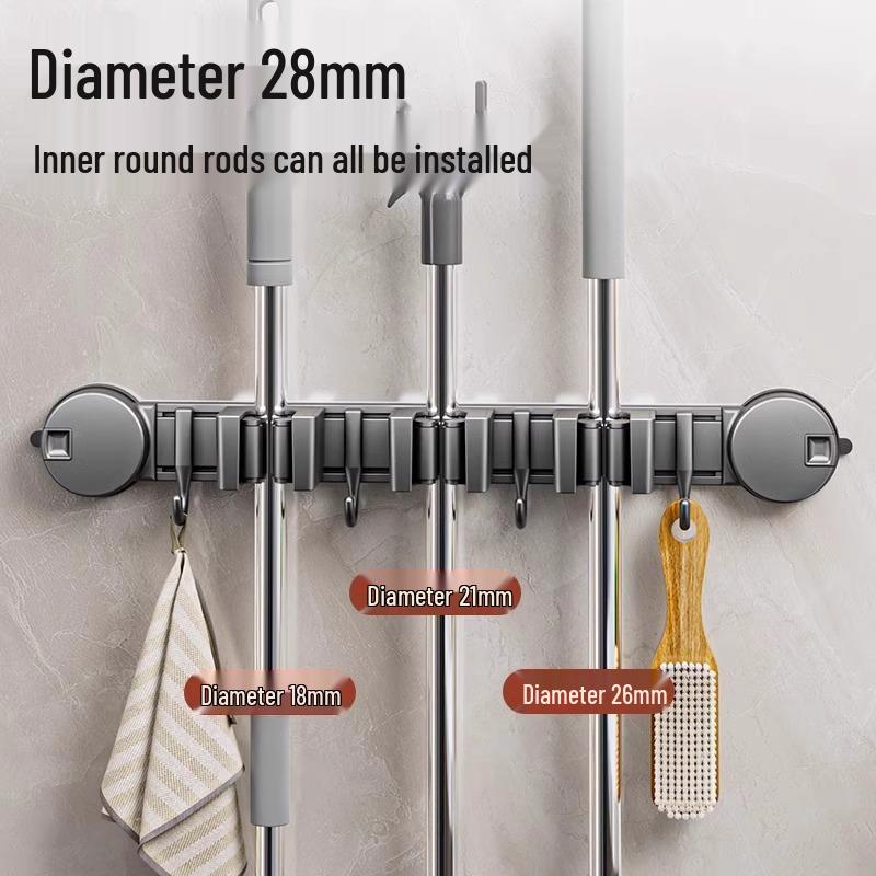 

Punch-Free Mop and Broom Wall Mount Holder 2 Clips, 3 Hooks