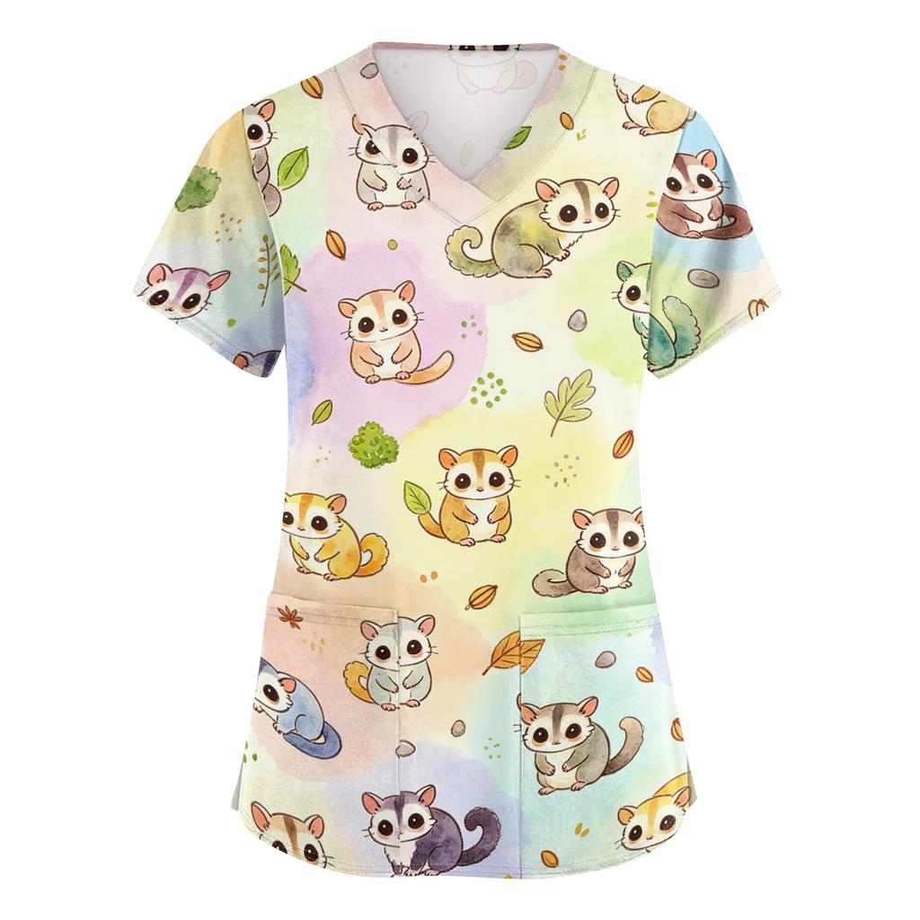 Women's V Neck Short Sleeve Work Top with Pockets Animal Print Medical Scrub Shirt for Healthcare Professionals Comfortable Fit Durable Fabric