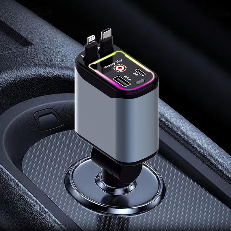 Retractable Car Charger 120W Starry Sky Top Projection Light Four-In-One Type-C+Lightning Dual Wires Usb+Pd Expansion Socket