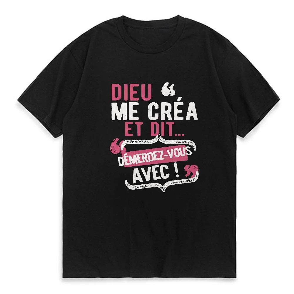 

WomenS Casual Round Neck TShirt with French Quote Dieu Me Cest Mon Saint Playful Letter Print Short Sleeve Top for tees 4XL
