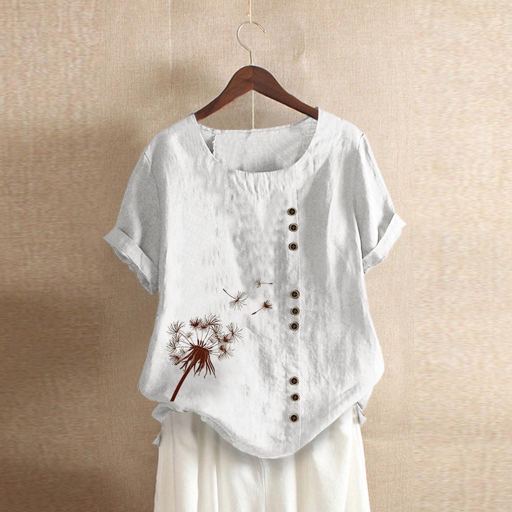 Kvinner Knapper Kortermet Blomstertrykk Knapper Bomull Lin Vintage Topp