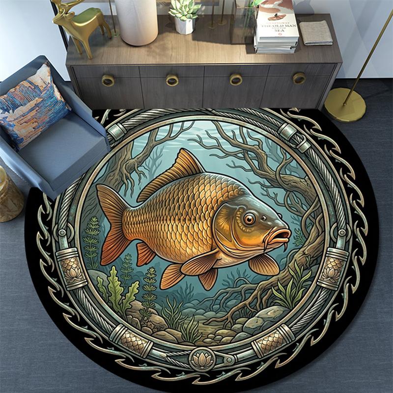 Underwater Fish Emblem Round Area Rug Under Office Chairs Bedroom Living Room Home Decor