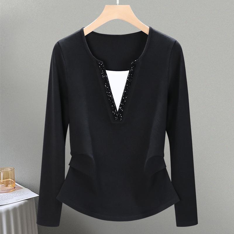 

Осенняя футболка с V-образным вырезом и длинными рукавами для женщин, модный дизайн высокого класса с зауженной талией и утягивающим верхом 3XL