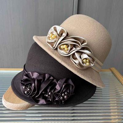 European And American Xiaoxiangfeng Satin Flower Fashion Hat, Small Edge Autumn And Winter Dome Thermal Basin Hat, Women'S Wool Woolen Top Hat