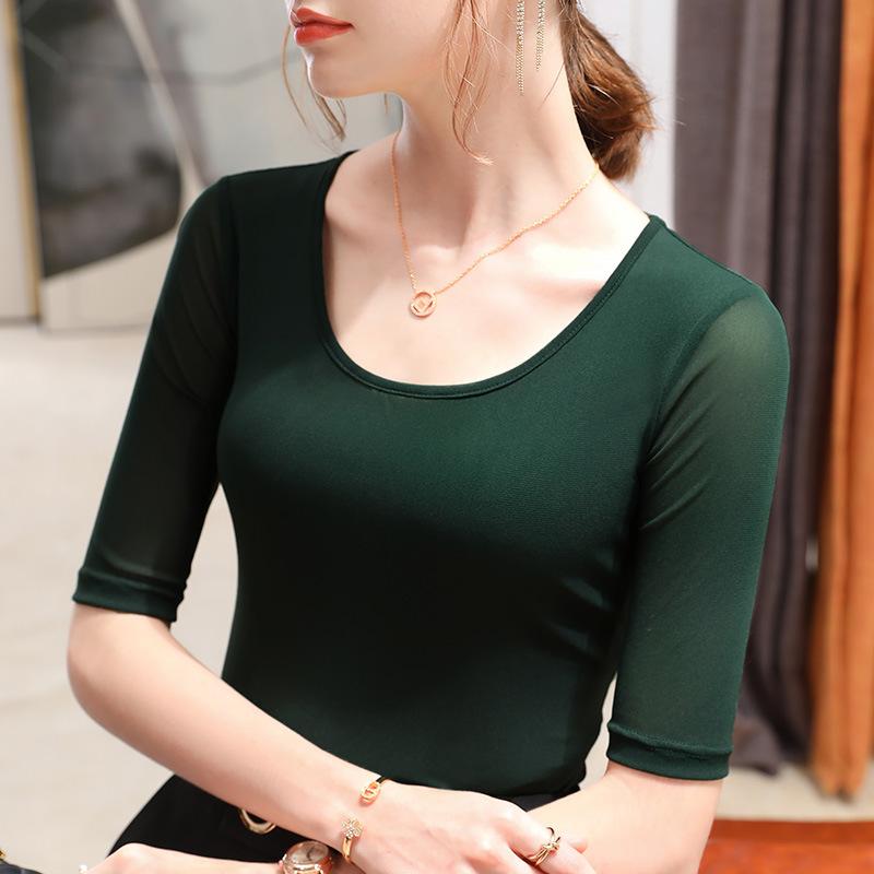 Femei Nou Femei Simplu Gât Rotund Mânecă Scurtă din Plasă Cămașă Top cu Mâneci Trei Sferturi Mulate pe Talie