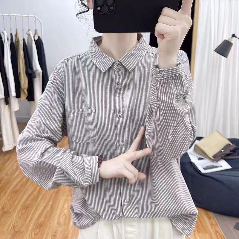 

Весенняя модная ретро-рубашка из чистого хлопка в полоску с длинными рукавами для женщин, универсальная свободная рубашка для поездок на работу L светло-коричневого