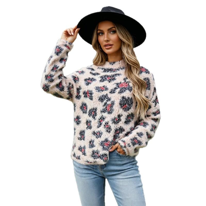 Womens Fall Winter Soft Fleece Floral Knit Sweater Round Neck Long Sleeve Pullover