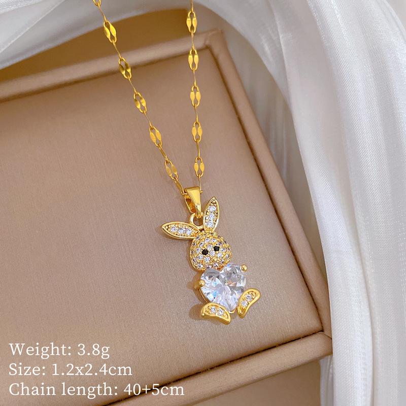 Titanium Steel Rabbit Necklace and Earrings Set - Light Luxury Micro-Inlaid Design for Banquets and Personal Style