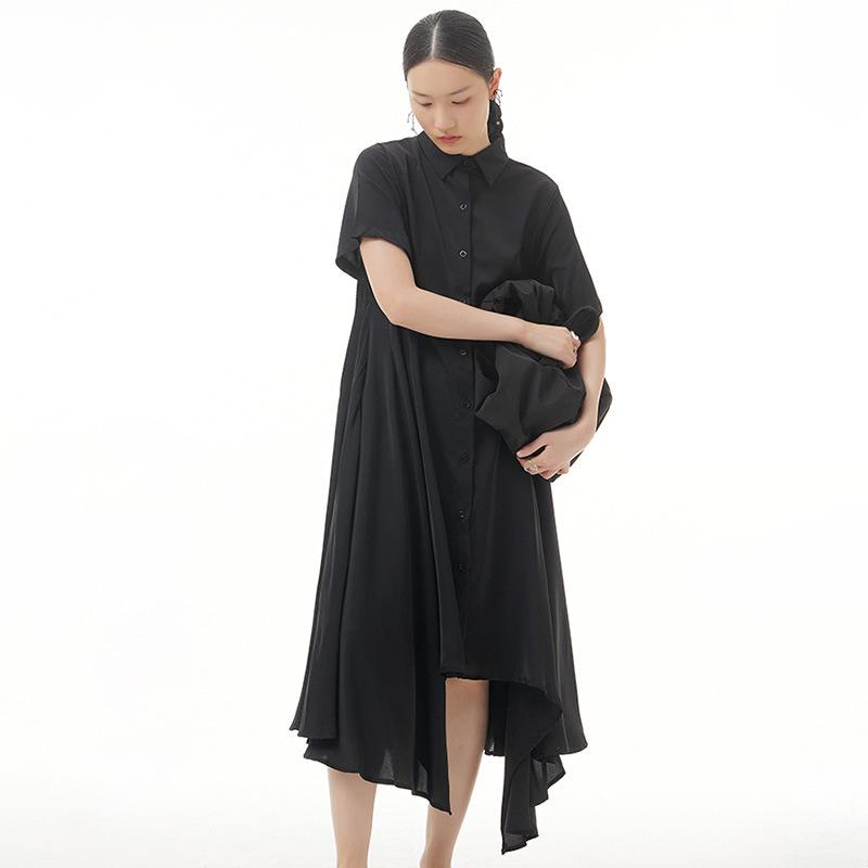 Summer new large-size women's clothing pleated niche design loose and thin Yamamoto dark dress cool