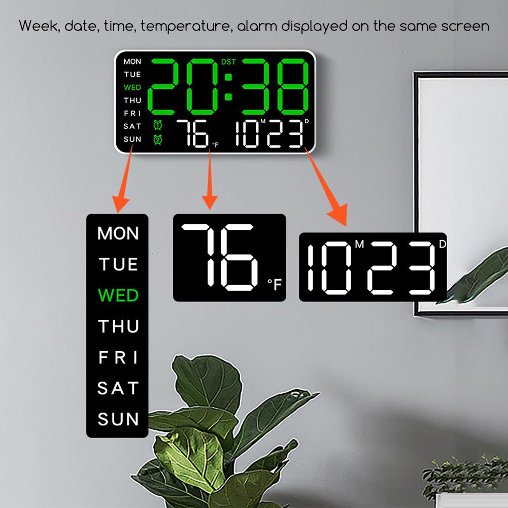 Voice-Activated Wake Up Alarm Clock Adjustable 12/24H LED Digital Wall Clock Control Temperature Date Brightness Hanging Clock