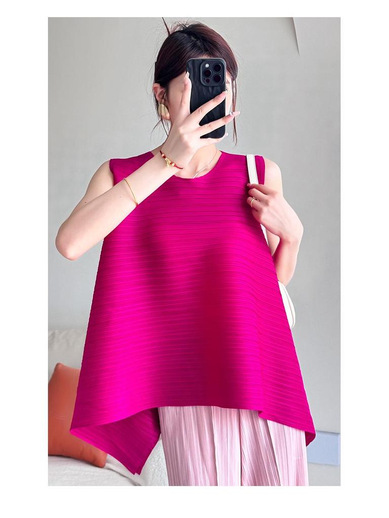 Miyake Damen Ärmelloses Oberteil mit unregelmäßiger Plissierung - Sommerkollektion 2024, Locker in Übergröße mit Rundhalsausschnitt